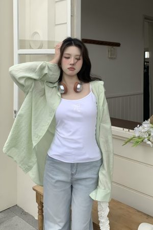 Cool Feeling Green Sunscreen Long Sleeve Shirt for Women - Loose Summer Cardigan Top, Perfect for 90s and Y2K Style