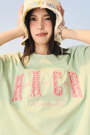 Cool Sensation Sunscreen Patch Embroidery Pearl Round Neck Sorona T-shirt - Trendy Y2K Style for Summer Wear