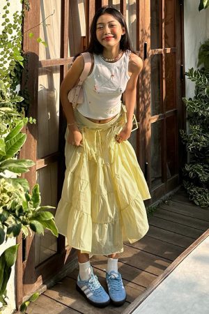 Cream Cheese Sweet Bow Multi-Layer Spliced Midi Skirt - Casual Versatile Long Skirt for Y2K and 90s Fashion Lovers