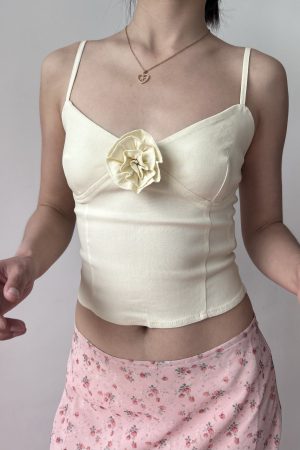 Cream Vintage Three-Dimensional Rose Flower Tight V-Neck Camisole - Spring/Summer American Style Fashion Top