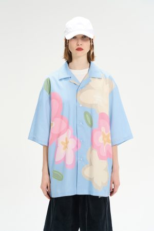 Cuban Collar Short-Sleeve Shirt with Cartoon Flower Print | Harsh and Cruel Inspired | 90s Y2K Fashion