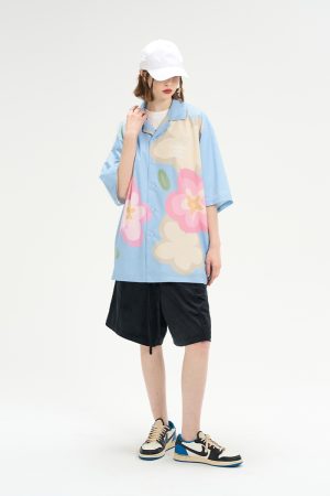 Cuban Collar Short-Sleeve Shirt with Cartoon Flower Print | Harsh and Cruel Inspired | 90s Y2K Fashion