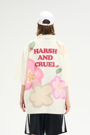 Cuban Collar Short-Sleeve Shirt with Cartoon Flower Print | Harsh and Cruel Inspired | 90s Y2K Fashion