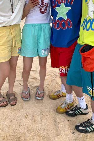 Custom American Letter Print Beach Shorts for Men and Women - Colorful Dopamine Sports Casual Loose Five-Point Shorts