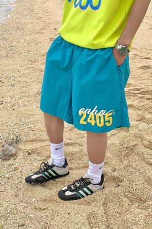 Custom American Letter Print Beach Shorts for Men and Women - Colorful Dopamine Sports Casual Loose Five-Point Shorts