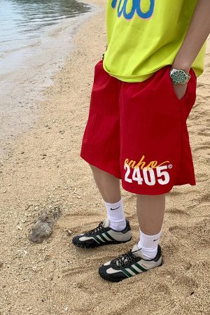 Custom American Letter Print Beach Shorts for Men and Women - Colorful Dopamine Sports Casual Loose Five-Point Shorts