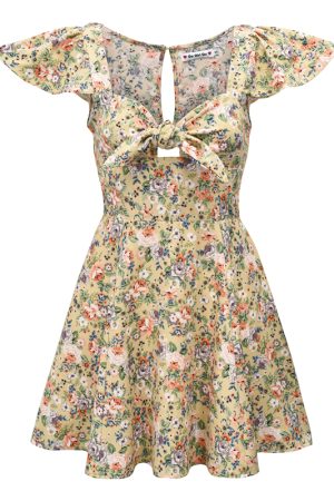 Cute Floral Front Tie Flutter Sleeve Dress - Pastoral Style Women's Summer A-Line Short Skirt, Perfect for 90s and Y2K Fashion
