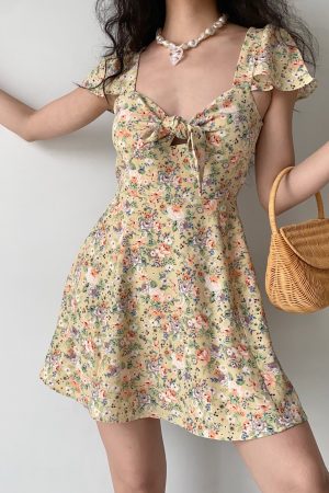 Cute Floral Front Tie Flutter Sleeve Dress - Pastoral Style Women's Summer A-Line Short Skirt, Perfect for 90s and Y2K Fashion