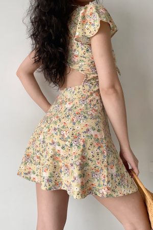Cute Floral Front Tie Flutter Sleeve Dress - Pastoral Style Women's Summer A-Line Short Skirt, Perfect for 90s and Y2K Fashion
