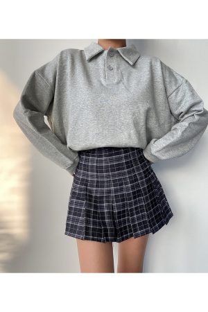 Cute Girl Polo Collar Loose Fit Long Sleeve Sweatshirt Top - Versatile BF Style Solid Color Pullover for Casual 90s Korean Style Fashion