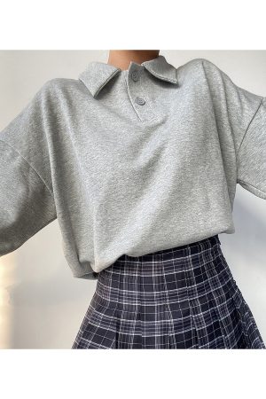 Cute Girl Polo Collar Loose Fit Long Sleeve Sweatshirt Top - Versatile BF Style Solid Color Pullover for Casual 90s Korean Style Fashion