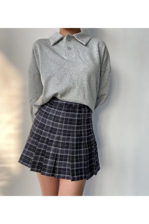 Cute Girl Polo Collar Loose Fit Long Sleeve Sweatshirt Top - Versatile BF Style Solid Color Pullover for Casual 90s Korean Style Fashion