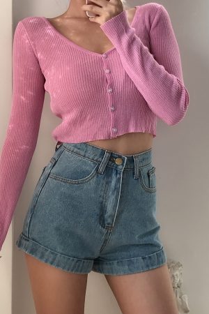 Cute Girl V-neck Single-Breasted Slim High-Waist Long Sleeve Sun Protection Cardigan - Thin Knitted Sweater for Spring 90s Y2K Style