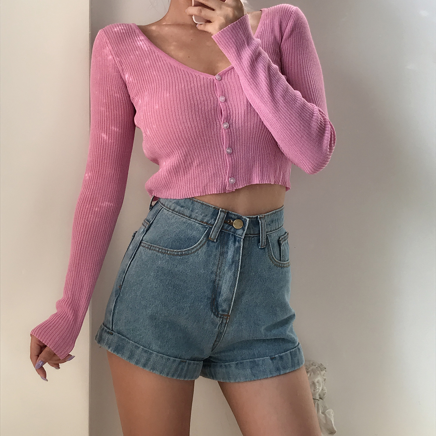 Cute Girl V-neck Single-Breasted Slim High-Waist Long Sleeve Sun Protection Cardigan - Thin Knitted Sweater for Spring 90s Y2K Style Cute Girl V-neck Single-Breasted Slim High-Waist Long Sleeve Sun Protection Cardigan - Thin Knitted Sweater for Spring 90s Y2K Style