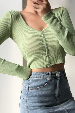 Cute Girl V-neck Single-Breasted Slim High-Waist Long Sleeve Sun Protection Cardigan - Thin Knitted Sweater for Spring 90s Y2K Style