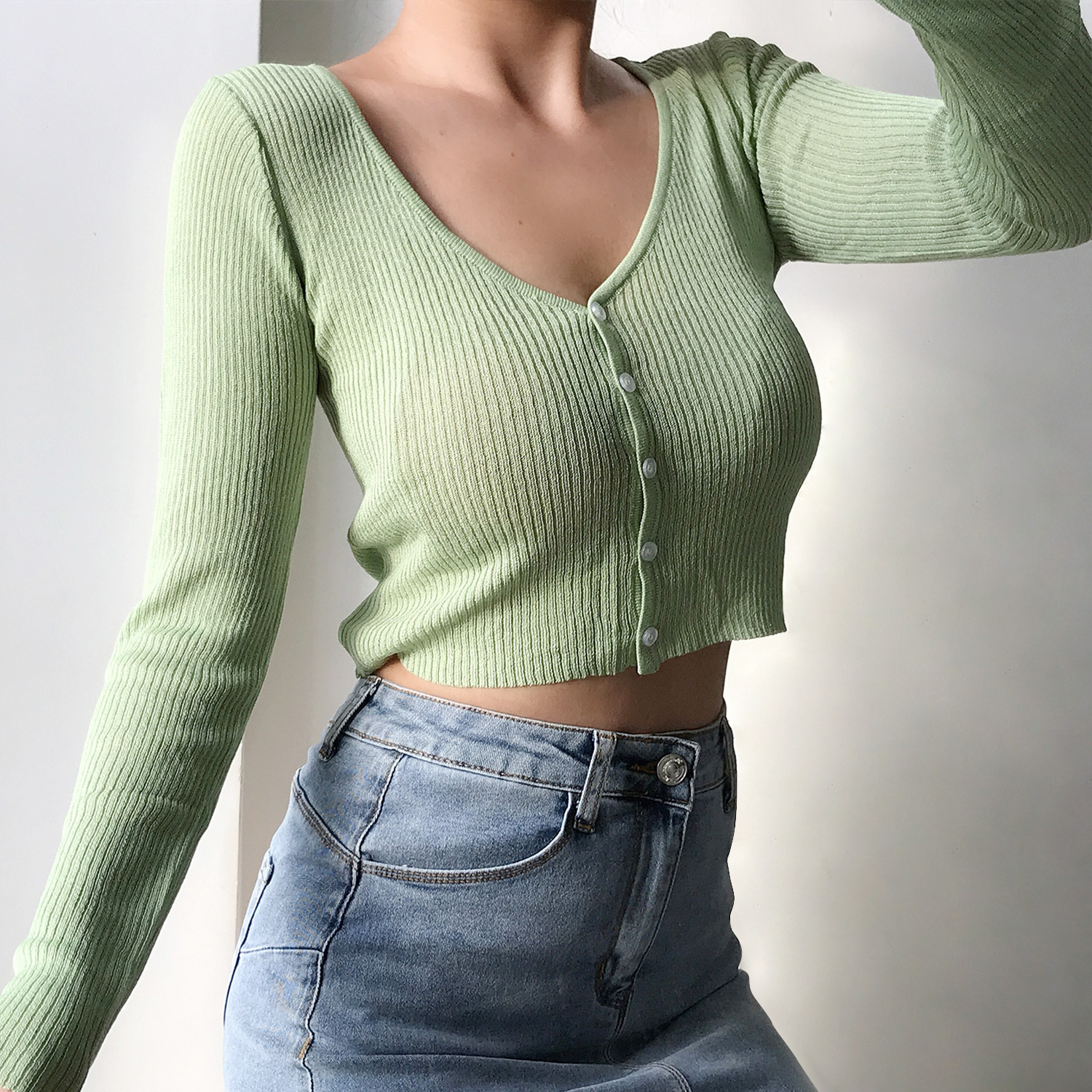 Cute Girl V-neck Single-Breasted Slim High-Waist Long Sleeve Sun Protection Cardigan - Thin Knitted Sweater for Spring 90s Y2K Style Cute Girl V-neck Single-Breasted Slim High-Waist Long Sleeve Sun Protection Cardigan - Thin Knitted Sweater for Spring 90s Y2K Style