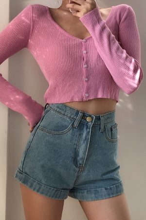 Cute Girl V-neck Single-Breasted Slim High-Waist Long Sleeve Sun Protection Cardigan - Thin Knitted Sweater for Spring 90s Y2K Style