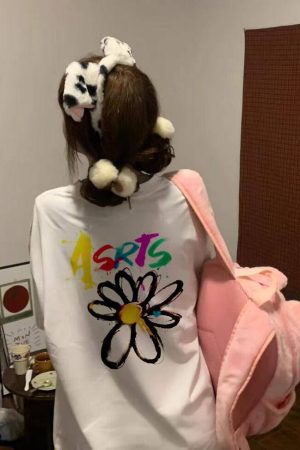 Daisy Print Short Sleeve T-Shirt for Women - Loose Fit American Retro Style Couple Shirt, Y2K Inspired Fashion Top