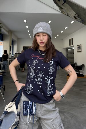 Dalmatian Print Heavy Short Sleeve T-Shirt for Women - Summer Round Neck Top, American Style, Trendy Casual Wear