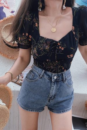 Dark Blue Floral Puff Sleeve V-Neck Top - Vintage Inspired Waist-Defined Short Sleeve Shirt for Women - Spring/Summer 2025 Fashion