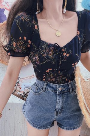 Dark Blue Floral Puff Sleeve V-Neck Top - Vintage Inspired Waist-Defined Short Sleeve Shirt for Women - Spring/Summer 2025 Fashion