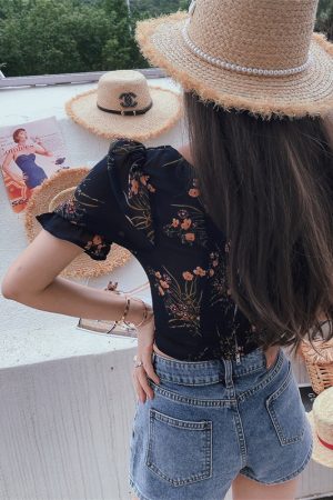 Dark Blue Floral Puff Sleeve V-Neck Top - Vintage Inspired Waist-Defined Short Sleeve Shirt for Women - Spring/Summer 2025 Fashion