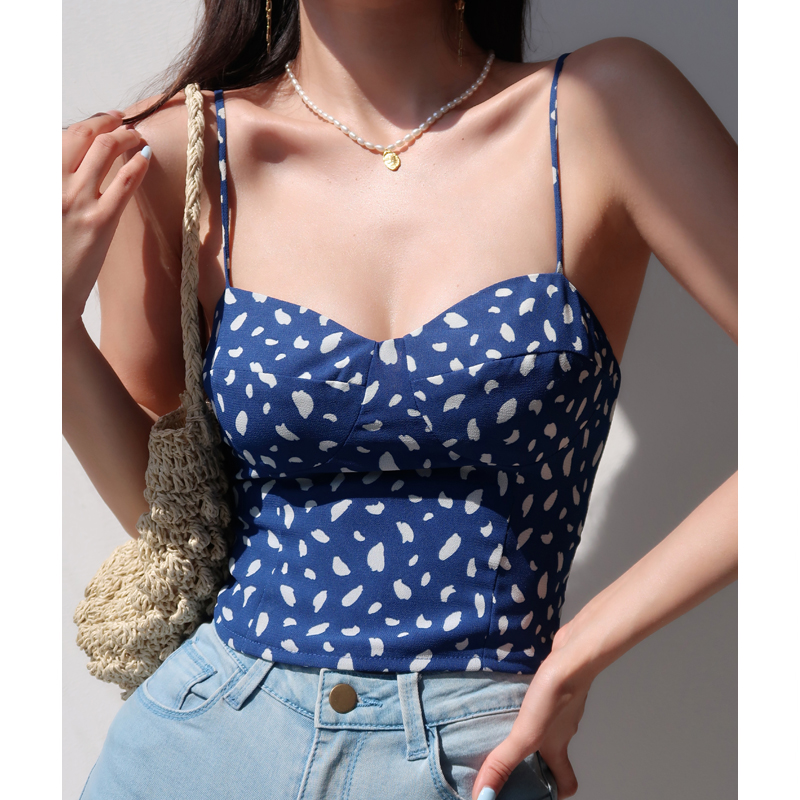 Dark Blue Printed V-Neck Tie-Back Tank Top for Women - Versatile Wrap Style, Sexy European American Fashion Dark Blue Printed V-Neck Tie-Back Tank Top for Women - Versatile Wrap Style, Sexy European American Fashion