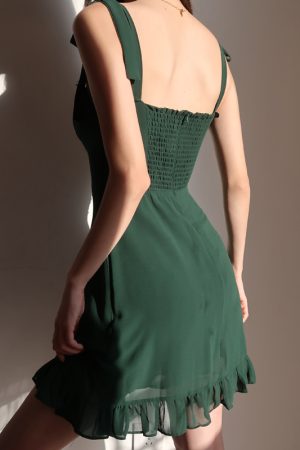 Dark Green Spaghetti Strap Mini Dress with Ruffled Waist, Retro A-Line Style for Girls, Sexy Summer Fashion