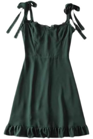 Dark Green Spaghetti Strap Mini Dress with Ruffled Waist, Retro A-Line Style for Girls, Sexy Summer Fashion