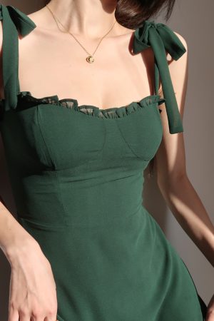 Dark Green Spaghetti Strap Mini Dress with Ruffled Waist, Retro A-Line Style for Girls, Sexy Summer Fashion