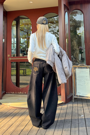 Deconstructed Loose Curved Blade Jeans for Men and Women - Retro American Wash Wide-Leg Casual Pants, Y2K Style