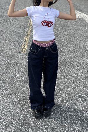 Deep Blue Wide-Leg Low-Waist Jeans for Women - Retro Slimming Loose Straight Pants, 90s Style Heavy Industry Fashion