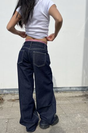 Deep Blue Wide-Leg Low-Waist Jeans for Women - Retro Slimming Loose Straight Pants, 90s Style Heavy Industry Fashion