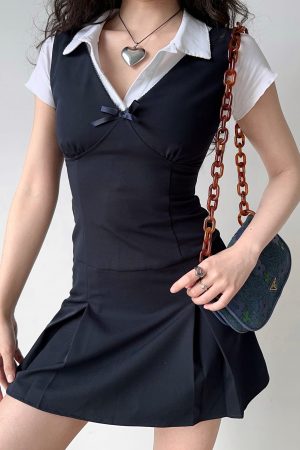 Deep V-Neck Waist-Cinching A-Line Tank Dress - Pleated Short Skirt in European American College Style for Summer
