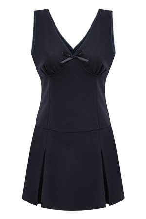 Deep V-Neck Waist-Cinching A-Line Tank Dress - Pleated Short Skirt in European American College Style for Summer