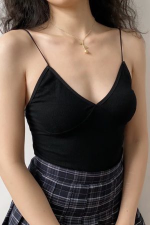 Deep V Ultra-Thin Ribbed Sexy Slim-Fit Camisole for Women - European American Style, Trendy Y2K Fashion