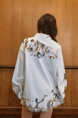 Destroyed Burnt Lace Embroidery Vintage Striped Long Sleeve Shirt - High-End 90s Y2K Inspired Fashion Top