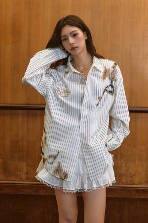 Destroyed Burnt Lace Embroidery Vintage Striped Long Sleeve Shirt - High-End 90s Y2K Inspired Fashion Top