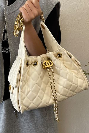 Diamond-Pattern Chain Small Bucket Bag - Trendy 2025 Summer Women's Drawstring Shoulder Bag with Large Capacity