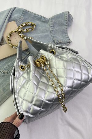 Diamond-Pattern Chain Small Bucket Bag - Trendy 2025 Summer Women's Drawstring Shoulder Bag with Large Capacity