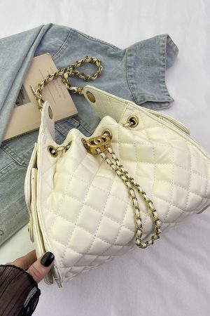 Diamond-Pattern Chain Small Bucket Bag - Trendy 2025 Summer Women's Drawstring Shoulder Bag with Large Capacity