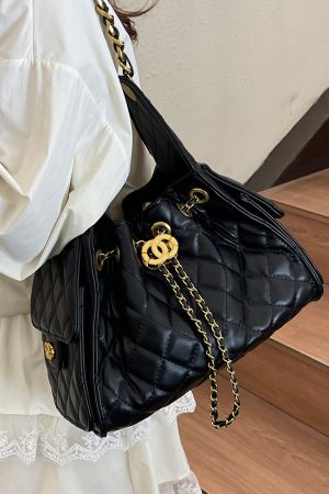 Diamond-Pattern Chain Small Bucket Bag - Trendy 2025 Summer Women's Drawstring Shoulder Bag with Large Capacity