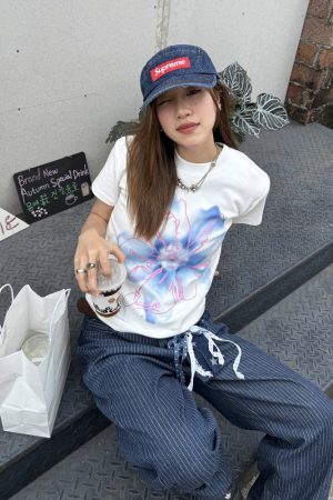 Digital Print Slim Fit Short Sleeve T-Shirt for Women, Summer Crop Top, Casual Style, Y2K Fashion