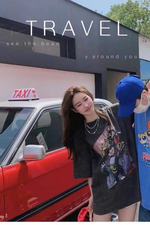 Distressed American Retro Powerpuff Girls Short Sleeve T-Shirt for Women - Trendy Casual Loose Fit Top