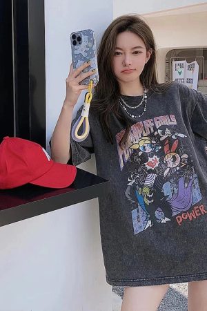 Distressed American Retro Powerpuff Girls Short Sleeve T-Shirt for Women - Trendy Casual Loose Fit Top