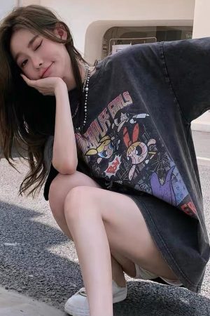 Distressed American Retro Powerpuff Girls Short Sleeve T-Shirt for Women - Trendy Casual Loose Fit Top