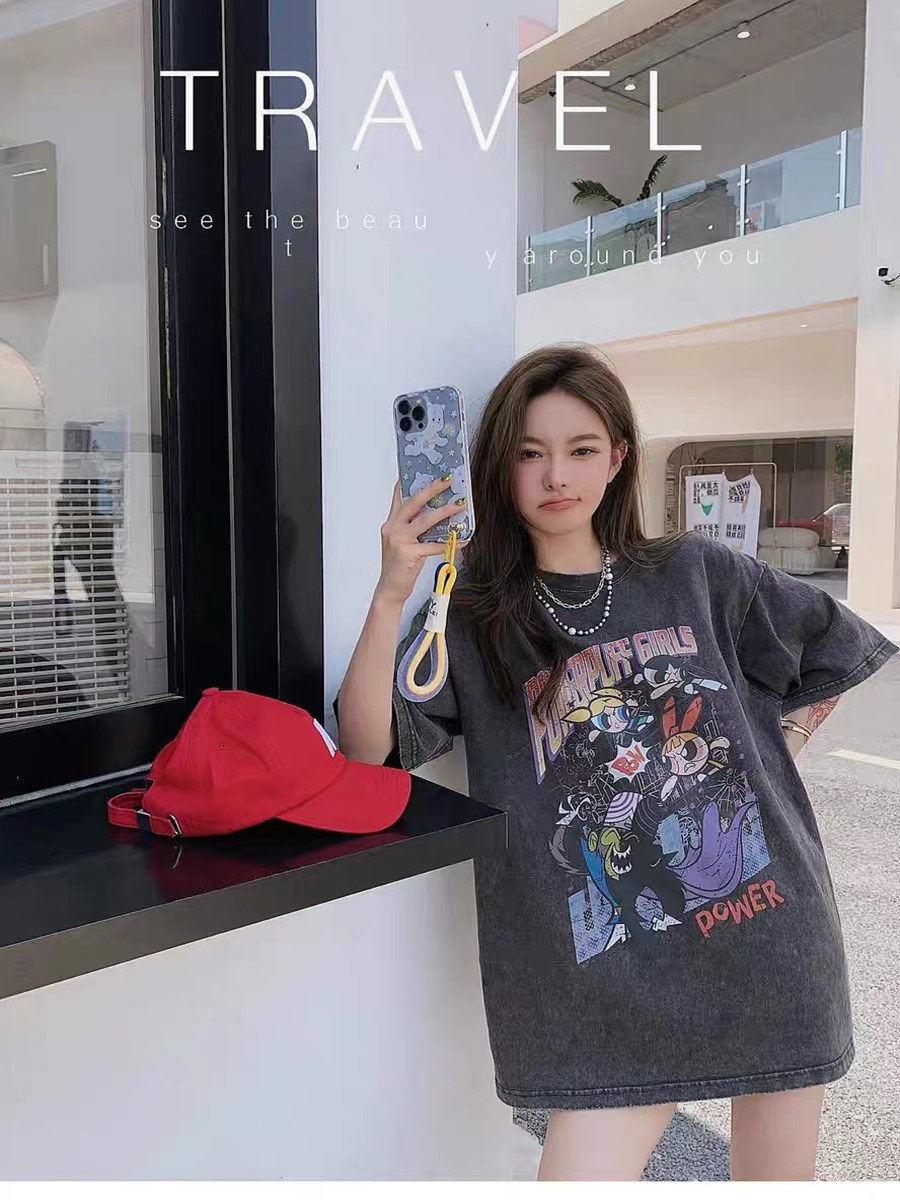 Distressed American Retro Powerpuff Girls Short Sleeve T-Shirt for Women - Trendy Casual Loose Fit Top Distressed American Retro Powerpuff Girls Short Sleeve T-Shirt for Women - Trendy Casual Loose Fit Top