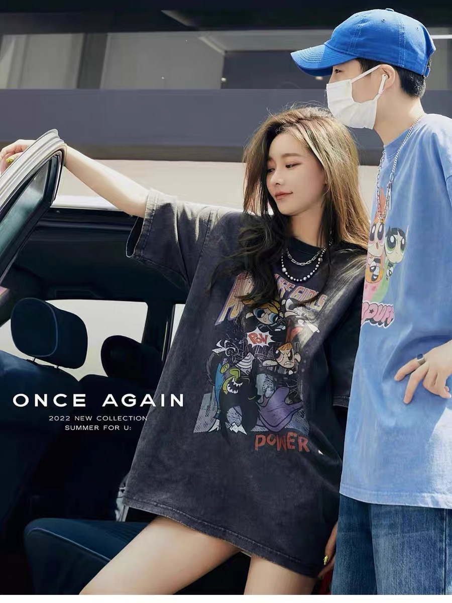 Distressed American Retro Powerpuff Girls Short Sleeve T-Shirt for Women - Trendy Casual Loose Fit Top Distressed American Retro Powerpuff Girls Short Sleeve T-Shirt for Women - Trendy Casual Loose Fit Top