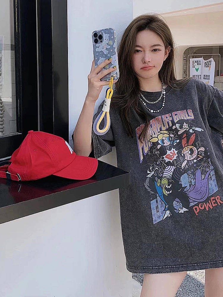 Distressed American Retro Powerpuff Girls Short Sleeve T-Shirt for Women - Trendy Casual Loose Fit Top Distressed American Retro Powerpuff Girls Short Sleeve T-Shirt for Women - Trendy Casual Loose Fit Top