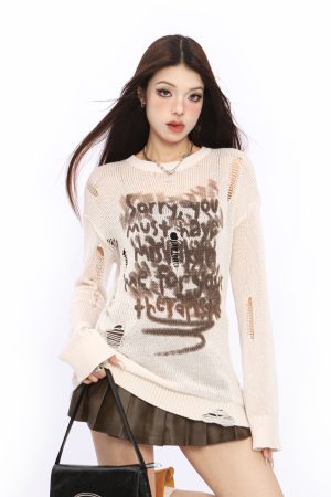 Distressed Hollow-Out Knitted Top for Women - American Style Long Sleeve Sun Protection Cover-Up - Summer Spicy Girl Fashion